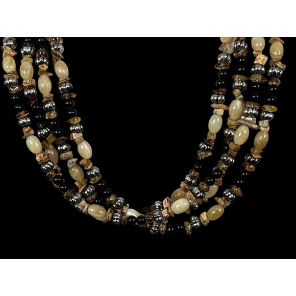 Beaded 4 Strand Chain Necklace Hook 27" Long Extend 11" Brown Tan Chip Round - Picture 6 of 9